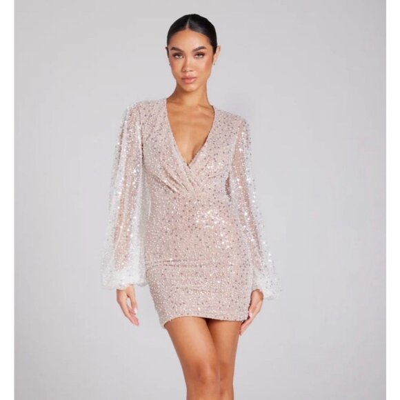 NADINE MERABI Dresses & Skirts - NWT Nadine Merabi Maya Beaded Long Sleeve Mini Dress XL/12